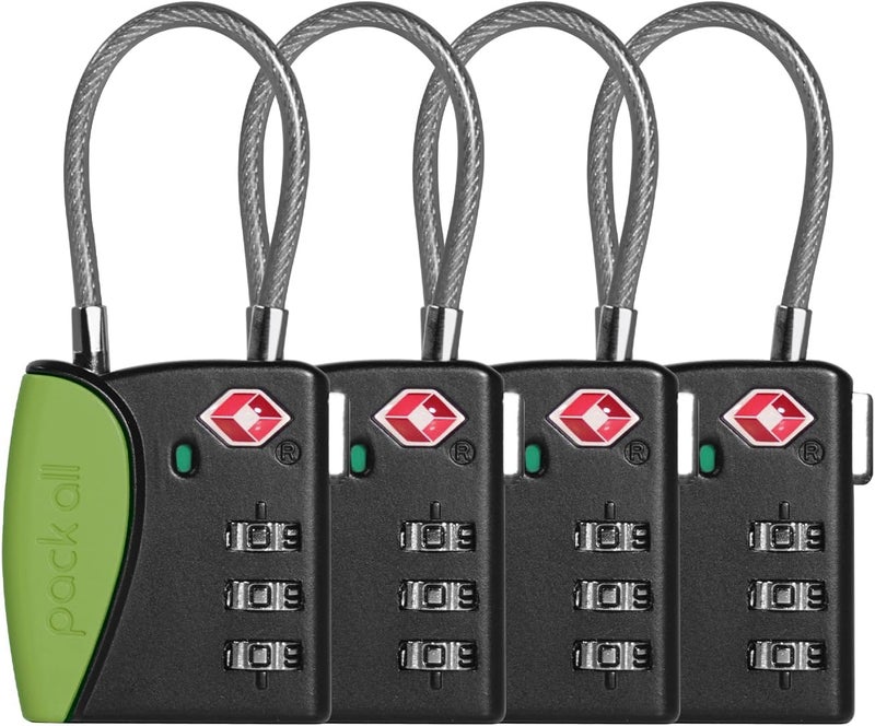 pack all TSA Approved Cable Luggage Locks, 3 Digit Combination Padlocks, Travel Lock for Suitcases & Bag, Alloy Body, Travel Accessories (4 Pack)（Apple Green） - Image 1